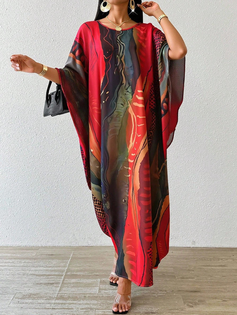 Zara Loose Batwing Sleeve Printed Beach Dress